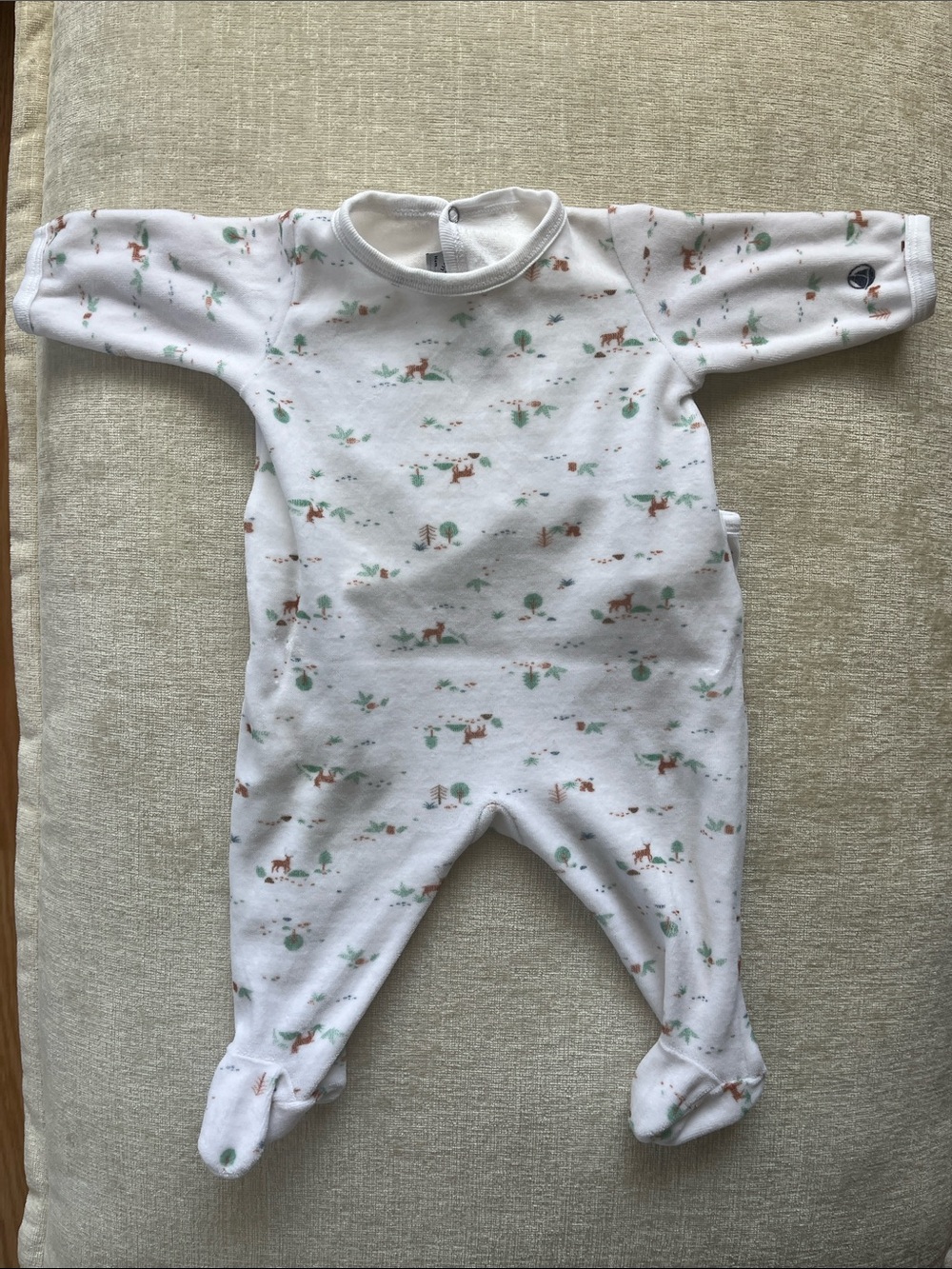 Petit Bateau White Footed Pajama Set with Green and Brown Forest Motif